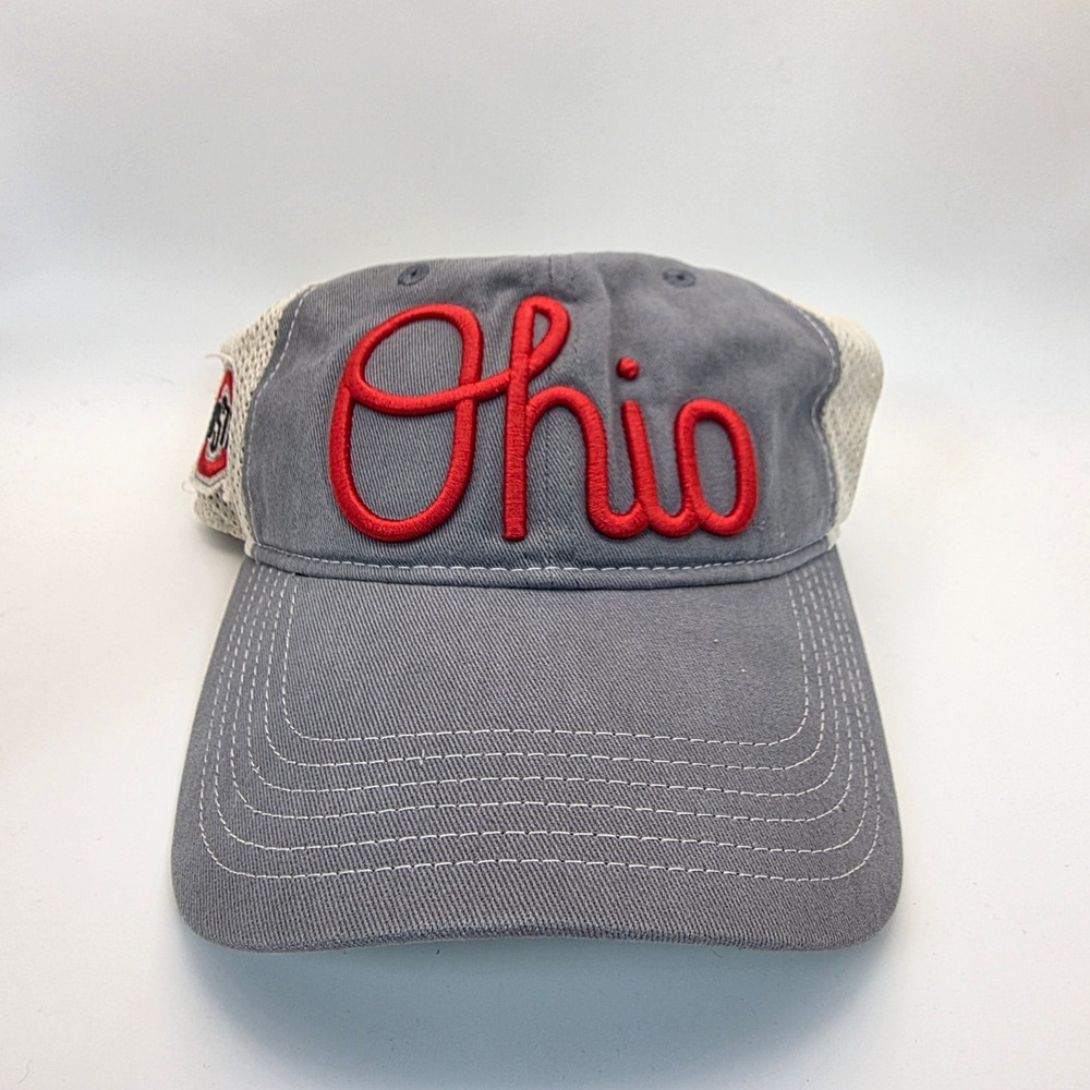 OSU Trucker Hat Unisex OSFM Grey Red Ohio State University Snapback Mesh Cap